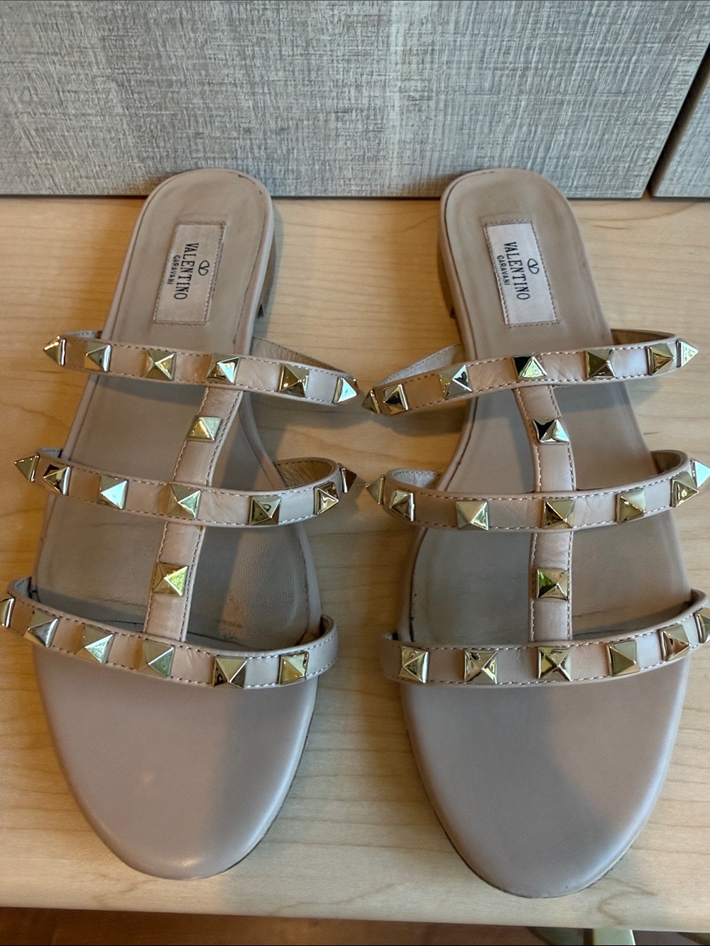 Valentino Nude Beige Leather Rockstud Triple-Strap Slide Sandals